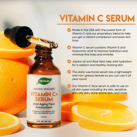 YEVANI 100% Pure Vitamin C Serum for Face with Hyaluronic Acid, Eye Area, Dark Spots, Anti Aging, Hydrating Skin Care with Vitamin E, Aloe Vera, Jojoba Oil, Dry Skin, Fine Lines, Wrinkles, 2 FL OZ