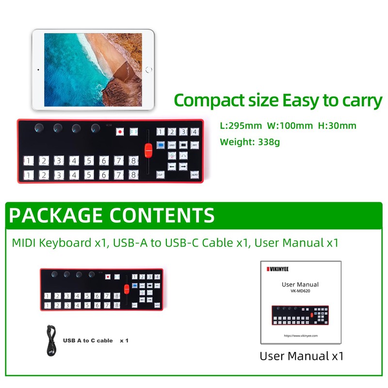 VIKINYEE Video Switcher Controller, 8-Channel Live Streaming Console with T-Bar