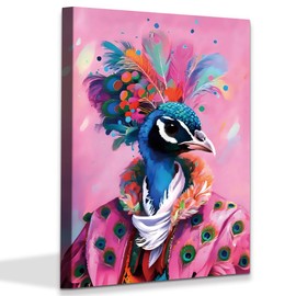 Pink Peacock Bedroom Canvas Wall Art,Funny Fashion Picture Animal Canvas Print,Watercolor Quirky Animal in Fur Fashion Picture Artwork Home Decor for Living Room Bedroom Bathroom,Framed 12x16in