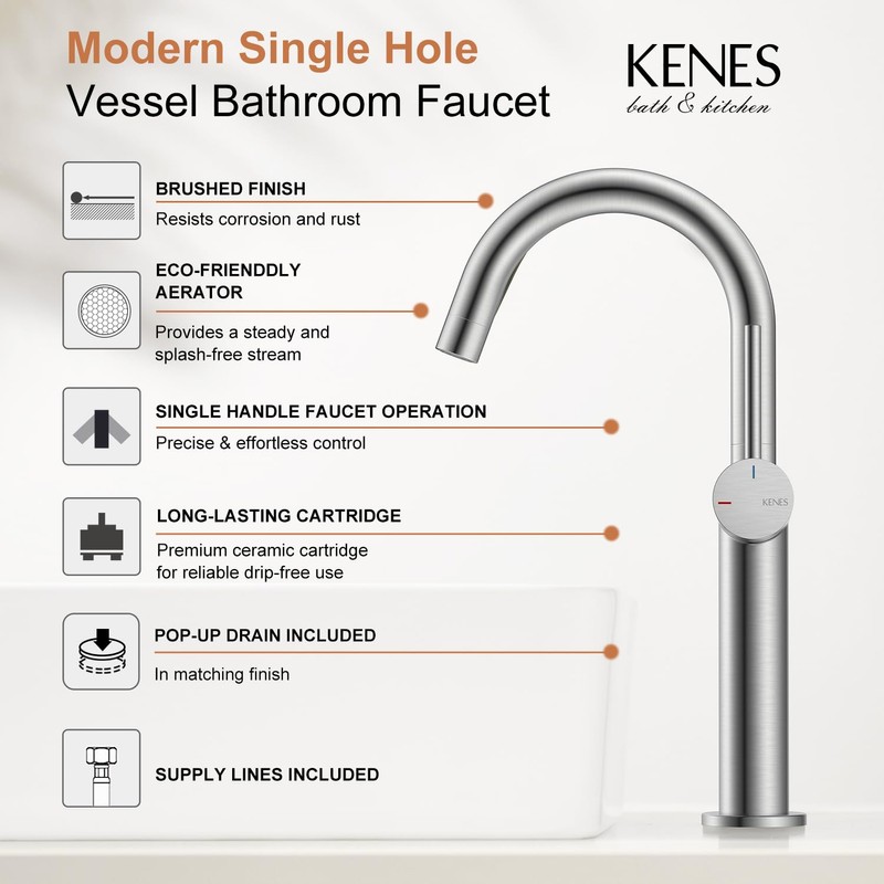 KENES Brushed Nickel Vessel Sink Faucet, Single Handle Tall Bathroom