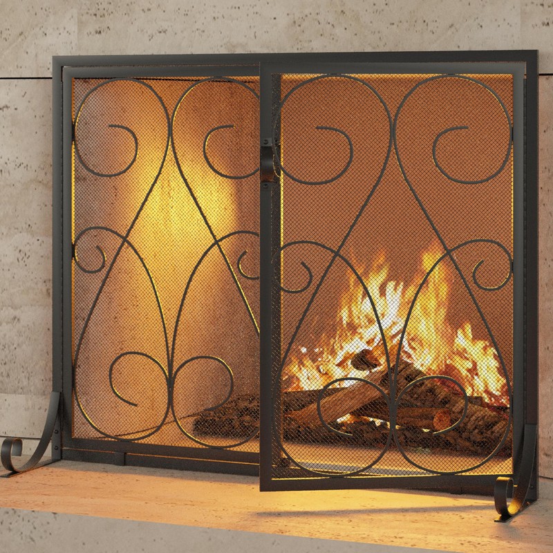 Kingson 2-Panel Fireplace Screen with Doors Handcrafted Wrought Iron Decorative