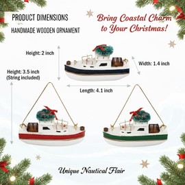NAUTIMALL Christmas Hanging Lobster Boat Ornaments, 4 Inch Wooden Nautical Ship Decorations, White and Red/Green/Navy, Set of 3, Sailboat Decor