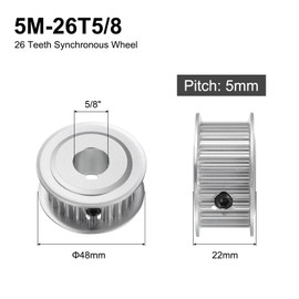 uxcell 5M-26T-5/8B Timing Belt Pulley 5/8" Bore, 26 Teeth Aluminum Alloy Synchronous Wheel with Keyway, Pitch 5mm Tooth for 15mm Width Belt