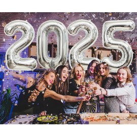 Silver Number 2025 Balloons, 40" Large Silver 2025 Balloons Helium Mylar Foil Balloons for 2025 New Year Christmas Graduation Party Decoration