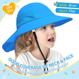 PONCEAU Baby Sun Hat Toddler Kids Neck Protection Flap Hat with Adjustable Straps for Boys and Girls Foldable Summer Breathable UV Protection Blue