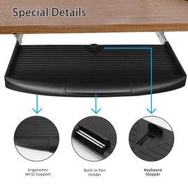 22"Wx11"D Under Desk Keyboard Tray Slide Out, Pull Out Keyboard Tray for Desk, Keyboard Holder Under Desk,Sturdy Keyboard Shelf Under Desk, Black Keyboard Drawer Desk Extender