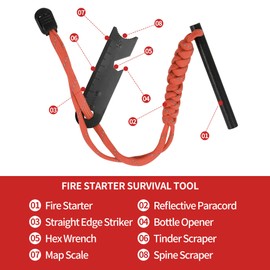 Ferro Rod Fire Starter and Magnesium Rod Kit – All-in-One Survival Fire Starter Tool with Flint and Steel, 6-in-1 Multi-Tool Scraper, Paracord Landyard Handle and Striker for Camping, Hiking, Hunting