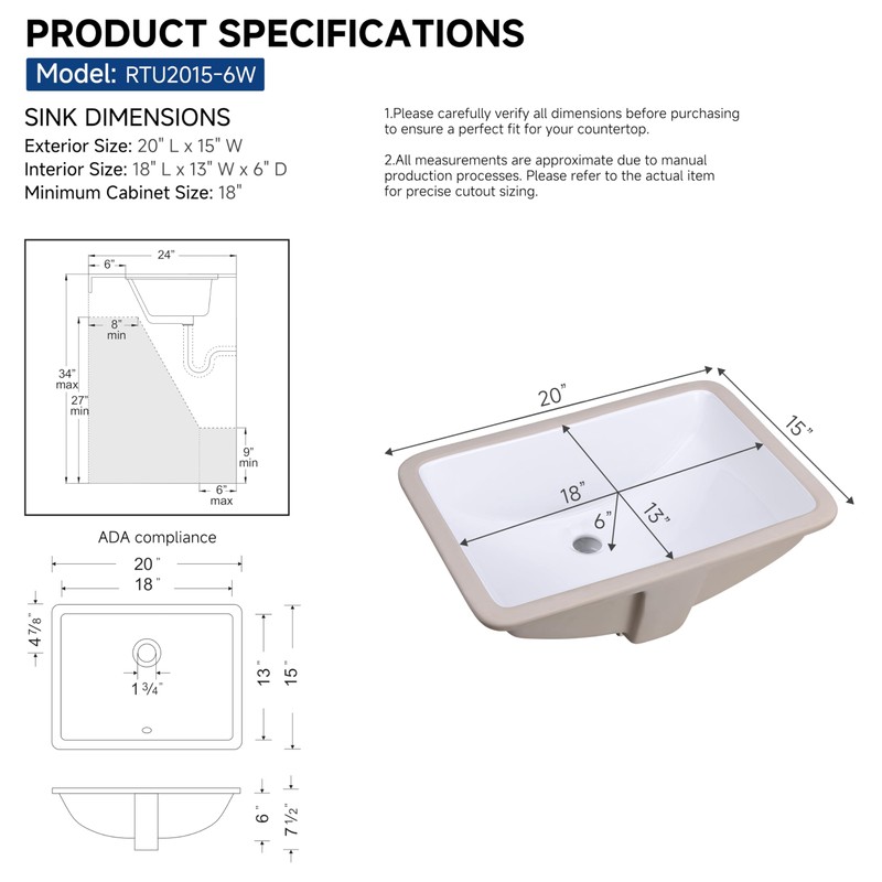 Wells Sinkware Rectangular 20 x 15 Ceramic Undermount Bathroom Sink