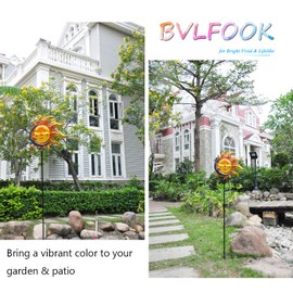 BVLFOOK Solar Light Outdoor Garden Decoration Colorful Metal & Glass Sun Moon Star Garden Stake Decorative Waterproof Warm White LED Yard Decor for Pathway Lawn Patio Backyard