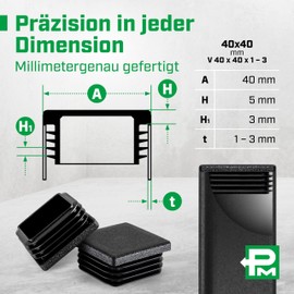 Plasticmetall Lamellar Plugs 40 x 40 mm Made of PE 4 Pieces [Spark Erosion Structure] Pipe Plugs for Aluminium Profile, Square Tube, for Pipe Cover of Stainless Steel Pipe, Aluminium Tube, Chair Leg