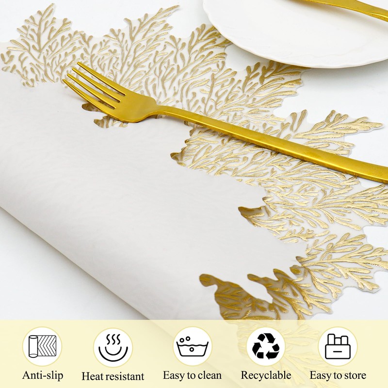 Gold Placemats Set of 6 Flower Pressed Vinyl Place Mats