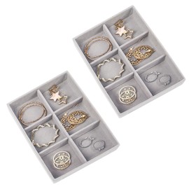 Nwvuop 2 Pack Jewellery Organiser Tray Stackable Velvet 6-Compartment Jewellery Trays Small Jewelry Drawer Organizer 4.92× 3.74× 1 inches(Grey)