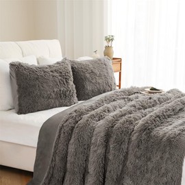 VIPBED Faux Fur Shaggy Comforter Set King Size, Ultra Soft Fluffy Fuzzy Bedding, Cozy Plush 3 Pieces Velvet Backing Bed Set for Men Women, 1 Comforter + 2 Pillow Cases - Light Grey