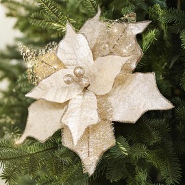 Alupssuc Poinsettia Christmas Flowers Artificial, 10 Pcs 9in Glitter Christmas Flowers, Sparkling Decorations for Xmas Tree Decor or Party Wreath Fireplace, Champagne Gold