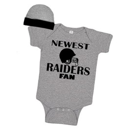 PandoraTees Baby Gift Set, Baby Bodysuit and Cap - Newest Raiders Fan (12-18m, Heather/Black)