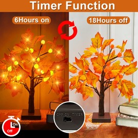 [ 2 Pack & Timer ] TURNMEON 18 Inch Fall Thanksgiving Lighted Maple Tree with 48 Orange Red Pumpkin Lights Battery Operated Artificial Tree Fall Decor Autumn Harvest Home Tabletop Indoor Decorations