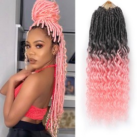 Ombre Pink Pre-Looped New Goddess Locs Crochet Hair for Black Women-8 Packs 18 Inch Deep Faux Locs Crochet Hair With Loose Wavy Curly Ends|Prelooped Synthetic Crochet Braids|Lightweight(18",T1B/Pink)