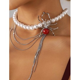 Spider Statement Necklace for Women Whimsy Goth Pearl Choker Gothic Stacking Necklaces Chrome Western Necklaces for Women Layered Grunge Emo Heart y2k Red Spider Chain (Style 01)