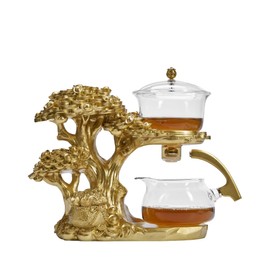 Zurucily Glass Teapot Set with Infuser Semi Automatic Tea Set Magic Teapot (Tree - golden)