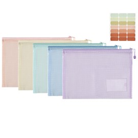 Mutsitaz 5 Pack Mesh Zipper Pouch Zipper Bags, 5 Colors Zipper File Bags for Organizing Storage, A3 Size, Zipper File Bags for School Supplies, Office Appliances, Home and Travel Accessories