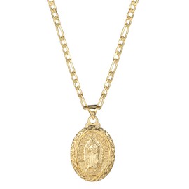 kelistom 14K Gold Plated Guadalupe Virgin Mary Pendant Necklace for Women Men 3mm Flat Figaro Chain Necklace 18/22 inches