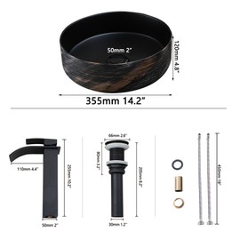 Sinku Mccut Ceramic Vessel Sink with Faucet Combo Black and Gold Round Above Counter Bathroom Sink for Bathrooms