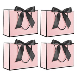 Yiran 4Pcs Medium Pink Black Gift Bag with Greeting Handles and Ribbon for Girls Womens Valentines Wedding Christmas Party Favors Goodie Wrapping Bag Decorations Supplies