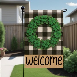 Starlit Patio Buffalo Plaid Welcome Wreath Garden Flag Four Leaf Clover Flag 12x18 Double Sided Tropical Lucky Green Shamrock Yard Decor for Spring Summer Outdoor Porch Patio Lawn Farmhouse