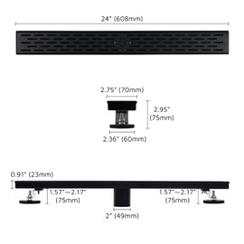 Heaorld 24 Inch Linear Shower Drain Matte Black, Rectangular Shower Floor Drain Kit 304 Stainless Steel, Removable Brick Pattern Grate, Hair Catcher, Leveling Feet