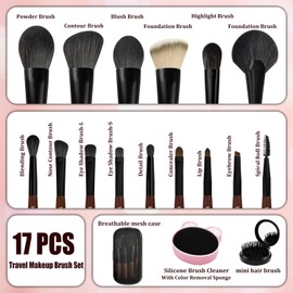 Travel Makeup Brush Set–Mini Makeup Brushes for Foundation, Powder, Eyeshadow, Blush, Contour, Concealer with Case, Silicone Brush Cleaner & Mini Hair Brush with Mirror–Perfect for Travel & Daily Usez