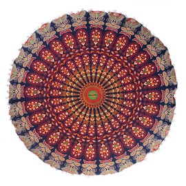 Popular Handicrafts Floor Pillow Cushion Cover - Hippie Mandala Cushion Cover Large with Pom Poms Soft Particles - Pouf Cover Round Bohemian Yoga Decor, 22" Navy Blue