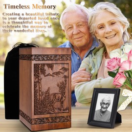 Wooden Cremation Urn for Human Wood Ashes Engraved Deer Decorative Box Funeral Urns for Adult Male Female with Velvet Bag Burial or Memorial Keepsake