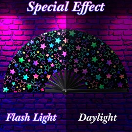 FairySandy Large Rave Fan UV Glow Hand Fan with Holster for Men/women, Disco Party Favor for Edm Music Festival Club Rave Accessories(Star)