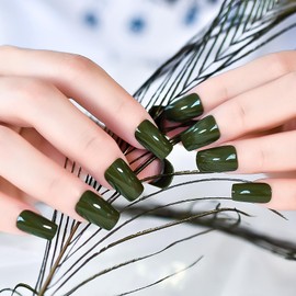 LINSSQ Glossy Dark Green Press on Nails, Medium Length Coffin Square False Nails, Beauty Solid Color Manicure Reusable UV Gel Fake Finger Nail Art for Daily Office Party