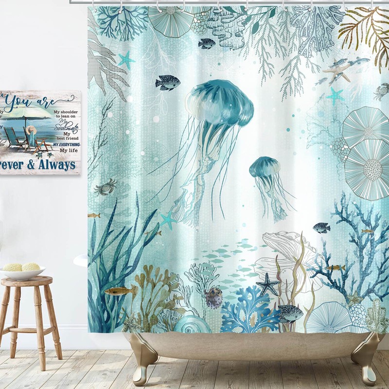Neasow Nautical Shower Curtain, Teal Jellyfish Beach Shell Sea Life