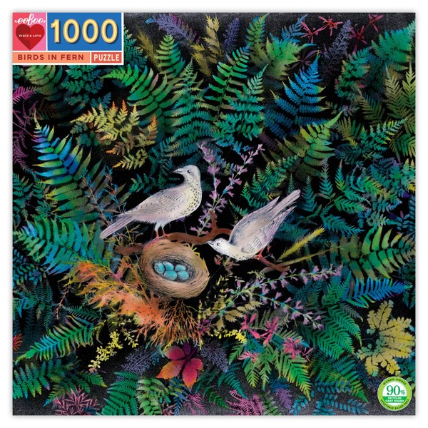 eeBoo: Piece and Love Birds in Fern 1000-piece Square Adult Jigsaw Puzzle, Jigsaw Puzzle for Adults and Families, Includes Glossy, Sturdy Pieces and Minimal Puzzle Dust