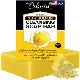 10% Sulfur Soap Cleansing Bar for Face & Body – All Natural Sulfur Facial Cleanser for Acne, Oily Skin – Skincare Blend of Lemongrass, Tea Tree Essential Oil, Vitamin E, Coconut Milk – Made in USA