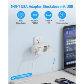 USA Travel Adaptor USA with 3USB-C (2 PD20W 1 QC3.0), USA Germany Plug 2-Way Type B for USA, Thailand, Mexico, Canada, Wall Charger
