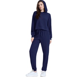 WIHOLL Matching Sets Women Clothing 2024 Sweatsuit Airport Outfits For Women Casual Hoodie Swaershirt Tracksuit Navy Blue XL