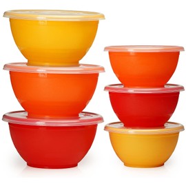 Stephanie Imports Made in USA 6-Piece Set of Prep & Store Plastic Bowls with Clear Lids (BPA-Free and Dishwasher Safe) - Orange, Red and Yellow