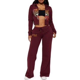 Glitrandi Womens 2 Piece Outfits Fashion Print Cropped Hoodies Jacket Sweatpants With Pockets Tracksuit For Women