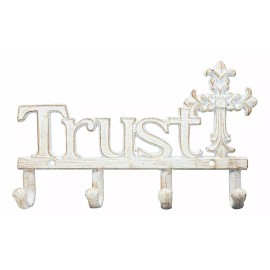 Ebros Gift Cast Iron Rustic White Le Fleur Cross with Trust Letters Sign 4 Pegs Wall Hooks