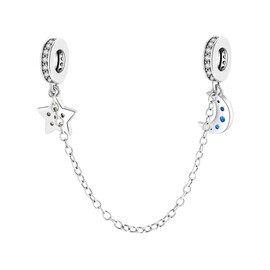 EHEG Moon Star Safety Chain Charms for Women Bracelets and Necklaces 925 Sterling Silver with 5A Cubic Zirconia, Pendants Beads Jewelry Gifts for Women