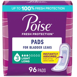 Poise Incontinence Pads & Postpartum Incontinence Pads, 3 Drop Light Absorbency, Long Length, 96 Count (4 Packs of 24), Packaging May Vary