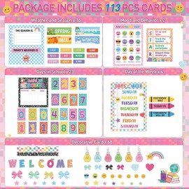 Pajean Bow Classroom Calendar Pocket Chart Set with 233 Pcs Composition Notebook Cards Welcome Season Festival Weather Mood Pink Pocket Chart for Classroom Decoration Back to School Teacher Supply