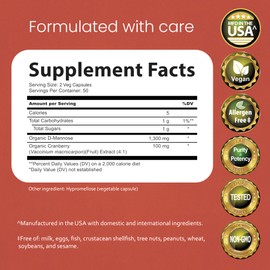 NaturaLife Labs Organic D-Mannose 1300 mg with Organic Cranberry Extract 100 mg per Serving – 100 Capsules – Non-GMO, Gluten-Free, Vegan