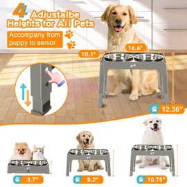 Elevated Bowls, 4 Height Adjustable Raised Stand With 2 Thick 50oz Stainless Steel Food Bowls, Non-Slip Feeder for Dogs, Adjusts to 3.7", 9.2", 10.75", 12.36" Light Brownish Gray