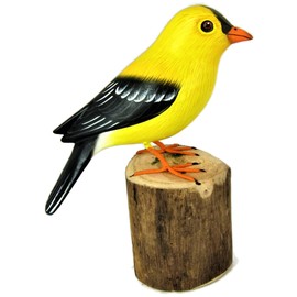 Brave Wings Hand Carved Wooden Garden Bird ~ American Goldfinch 22cm High ~ Wood Ornament Sculpture Figurine Statue Unique Table Decoration Home Decoration ~ 19