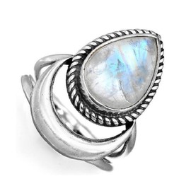 Awmnjtmgpw 925 Sterling Silver Rainbow Moonstone moon women's Retro ring creative tear shaped water drop crescent punk ring size 6-10 (size 7)