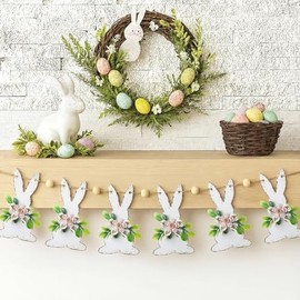 Guirnalda de Cuentas de Madera de Conejo de Pascua de 8.2 pies, Guirnalda de Pascua de Primavera, Pancarta Rústica de Conejito, Decoración de Primavera de Casa de Campo, Lindos Adornos